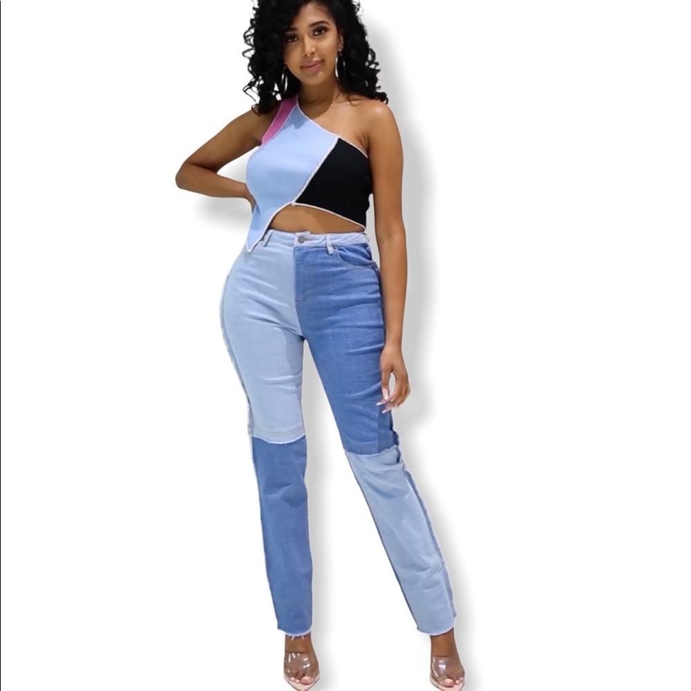 Women’s Patchwork high waist two tone denim jeans